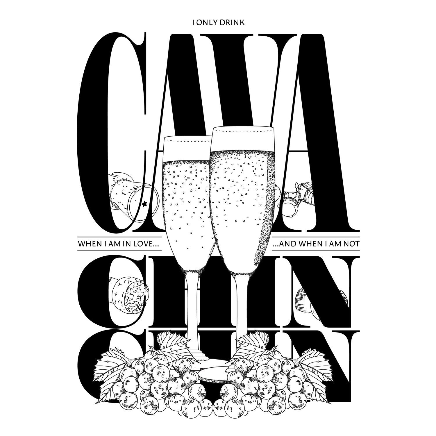 Black-and-white poster with large “CAVA” lettering, two champagne flutes, and floral decoration.