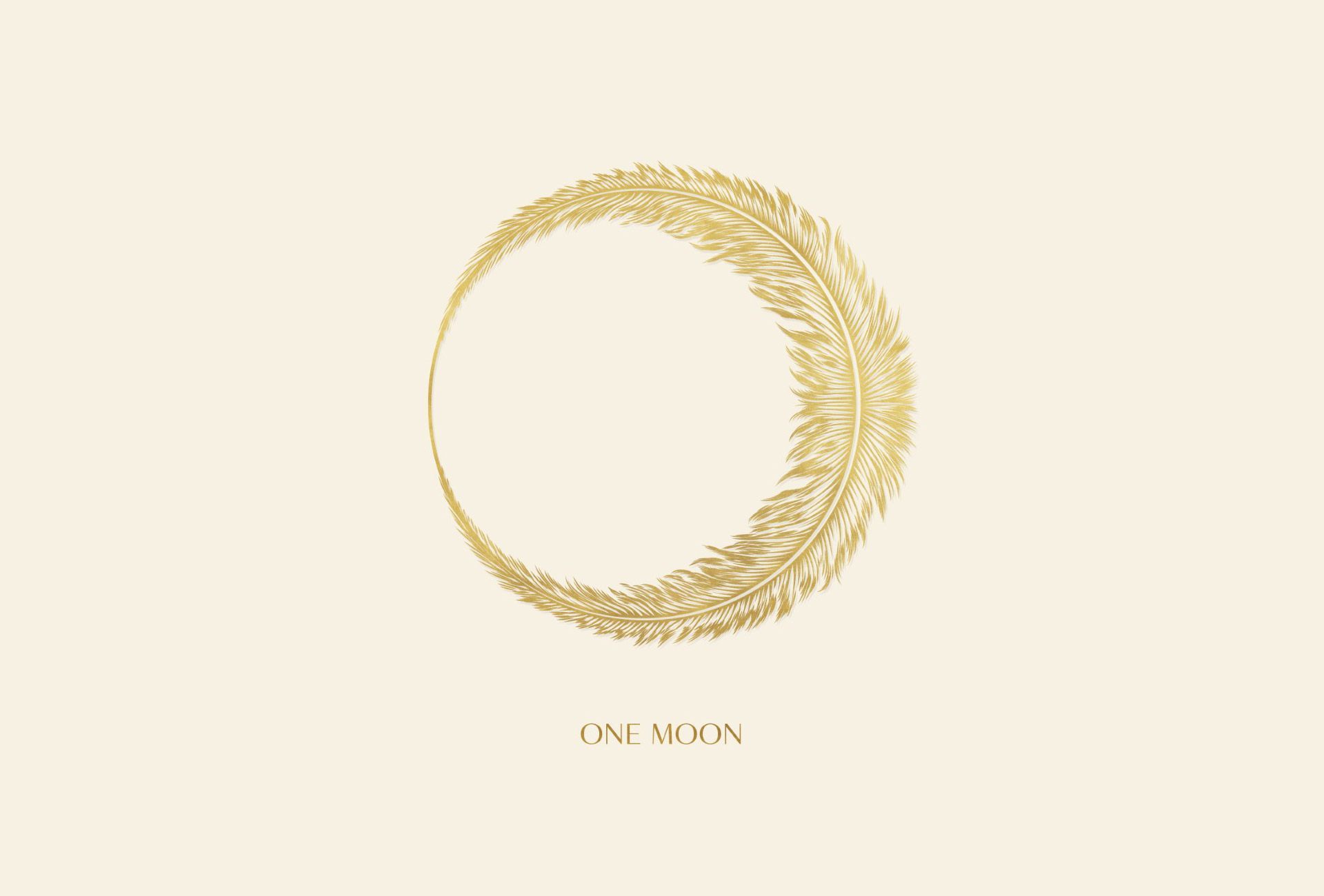 Gold crescent moon line art with the words “ONE MOON” on a cream background