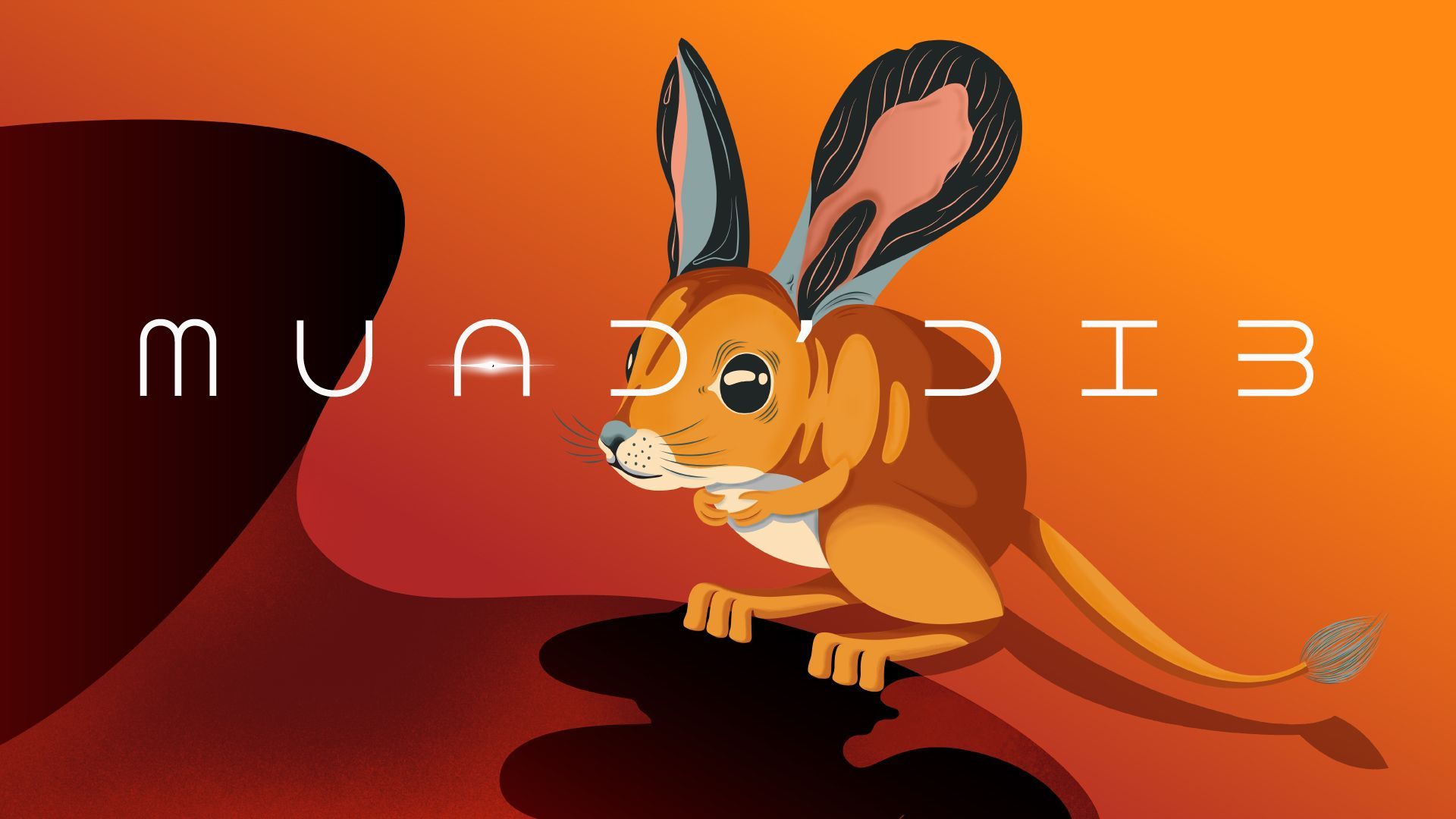 Cartoon orange rabbit on red-orange background with stylized white text across the center