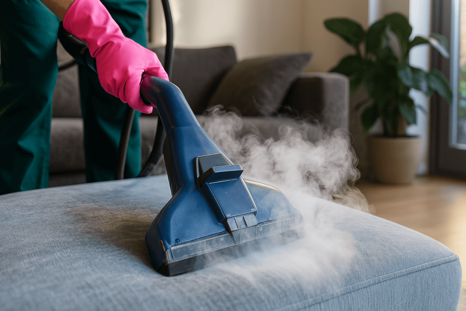 A person is cleaning a couch with a steam cleaner.