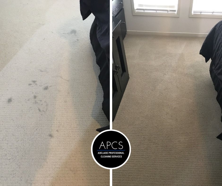 A before and after photo of a carpet in a bedroom.