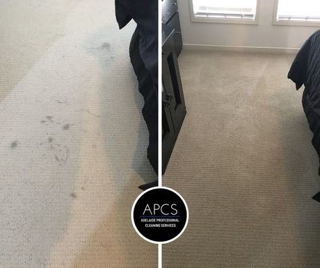 A before and after photo of a carpet in a bedroom.