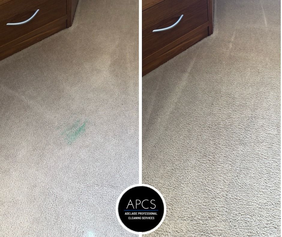 A before and after photo of a bedroom carpet being cleaned by APCS