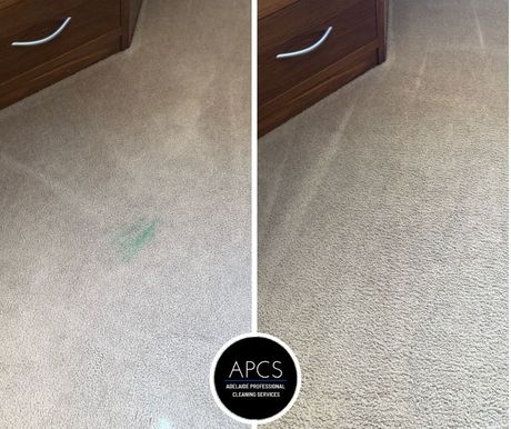 A before and after photo of a bedroom carpet being cleaned by APCS