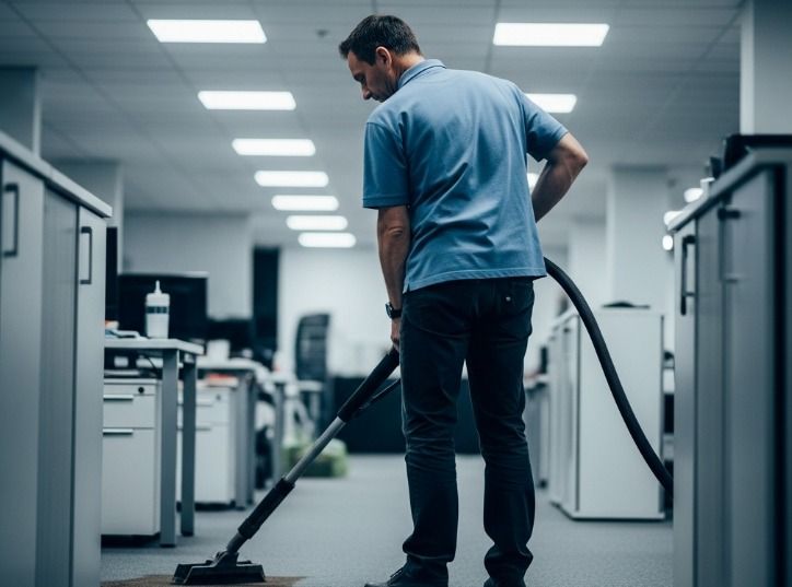 A man is cleaning the floor of an office with a vacuum cleaner.