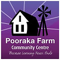 The logo for pooraka farm community centre shows a barn and a windmill.