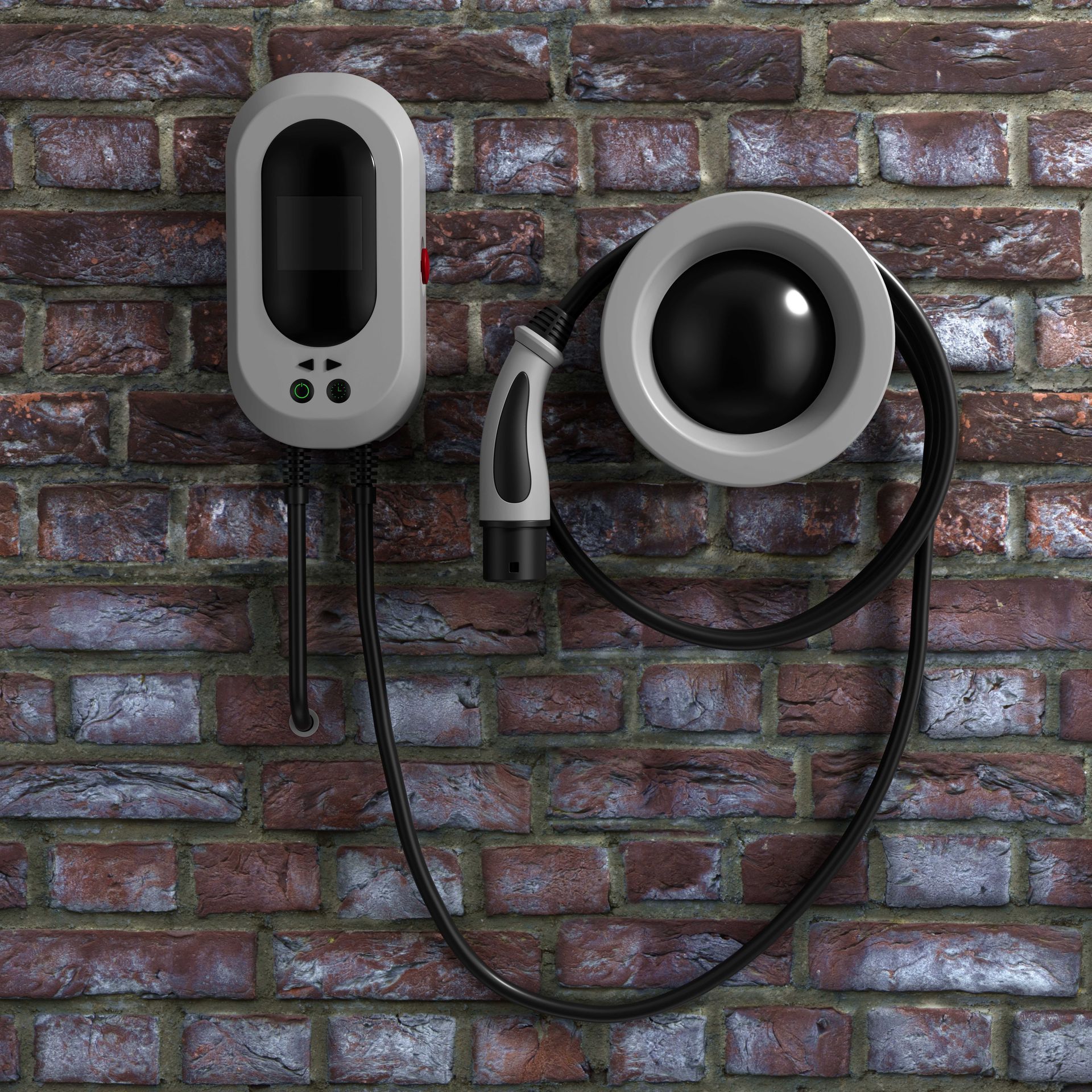 Borne de recharge pour véhicule électrique fixée sur un mur de briques, avec câble et prise.