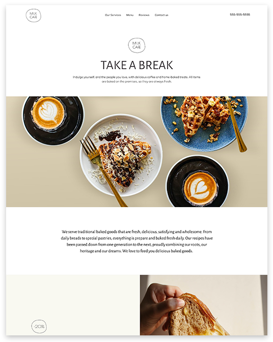 A screenshot of a website for a restaurant called take a break.