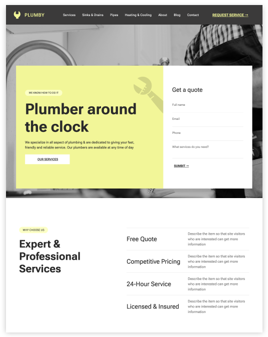 A screenshot of a plumber around the clock website