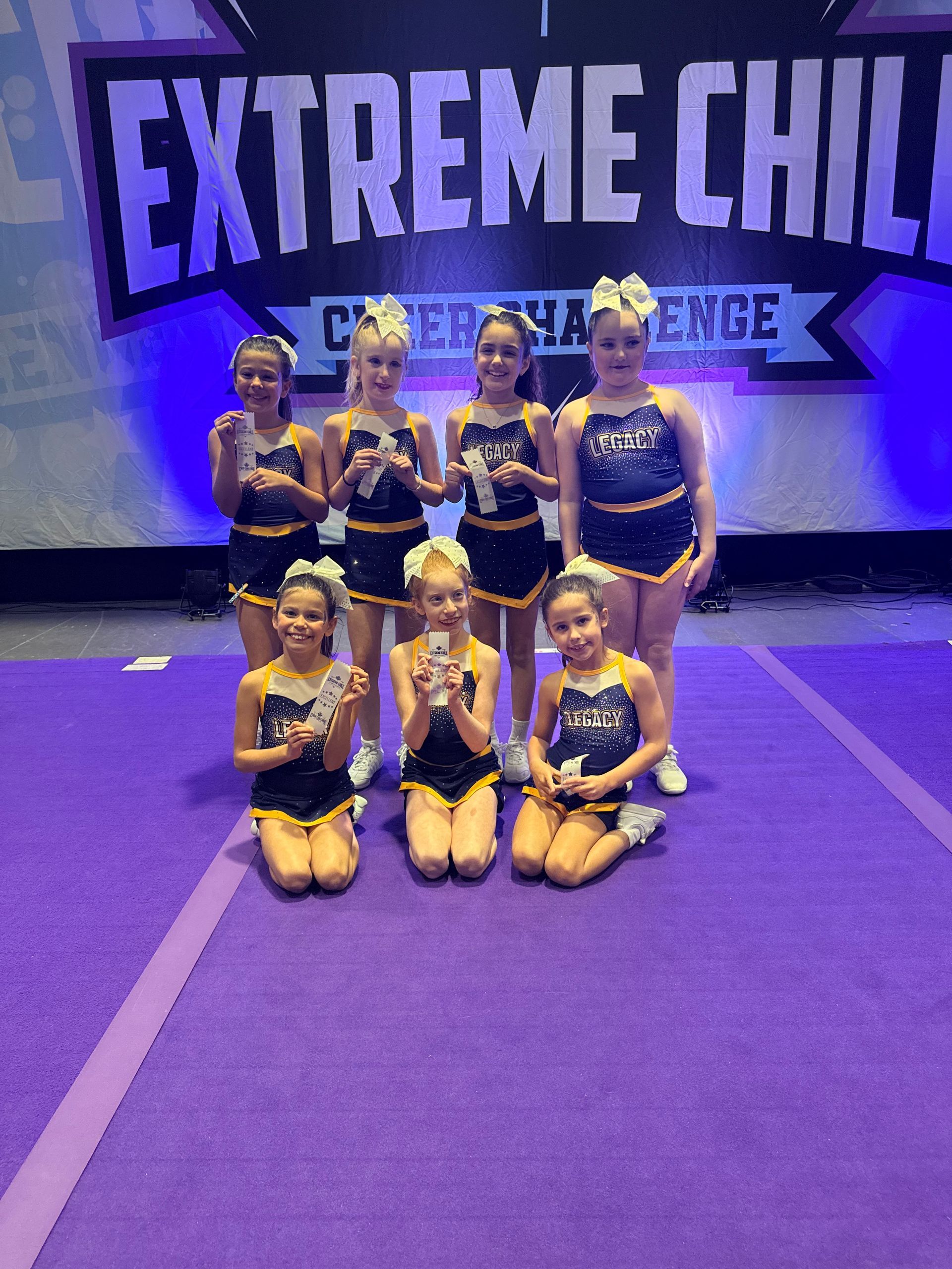 Cheer team posing on a purple mat in front of an Extreme Cheer sign