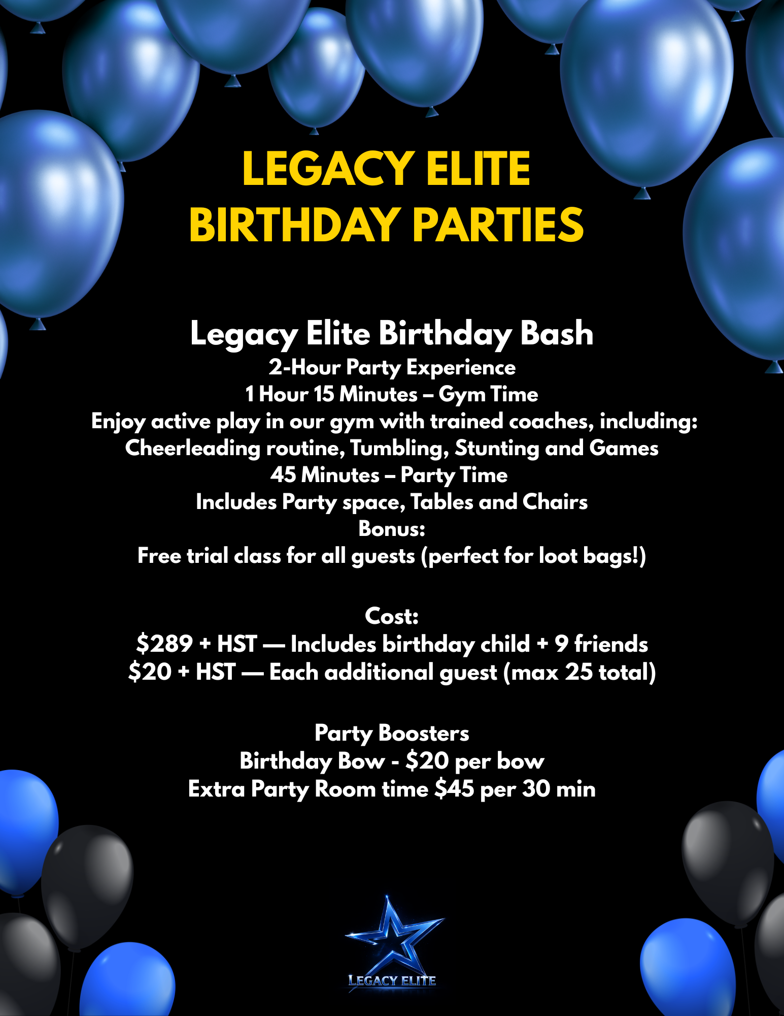 Blue balloon birthday party flyer with event details, dates, costs, and celebration activities