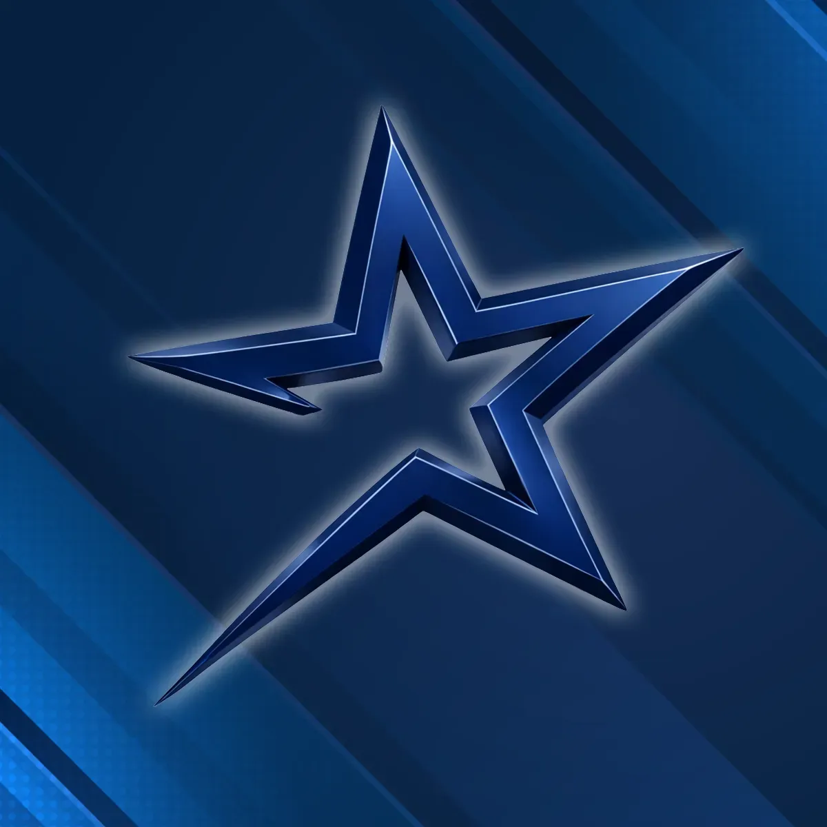 Blue metallic star logo on a dark blue striped background