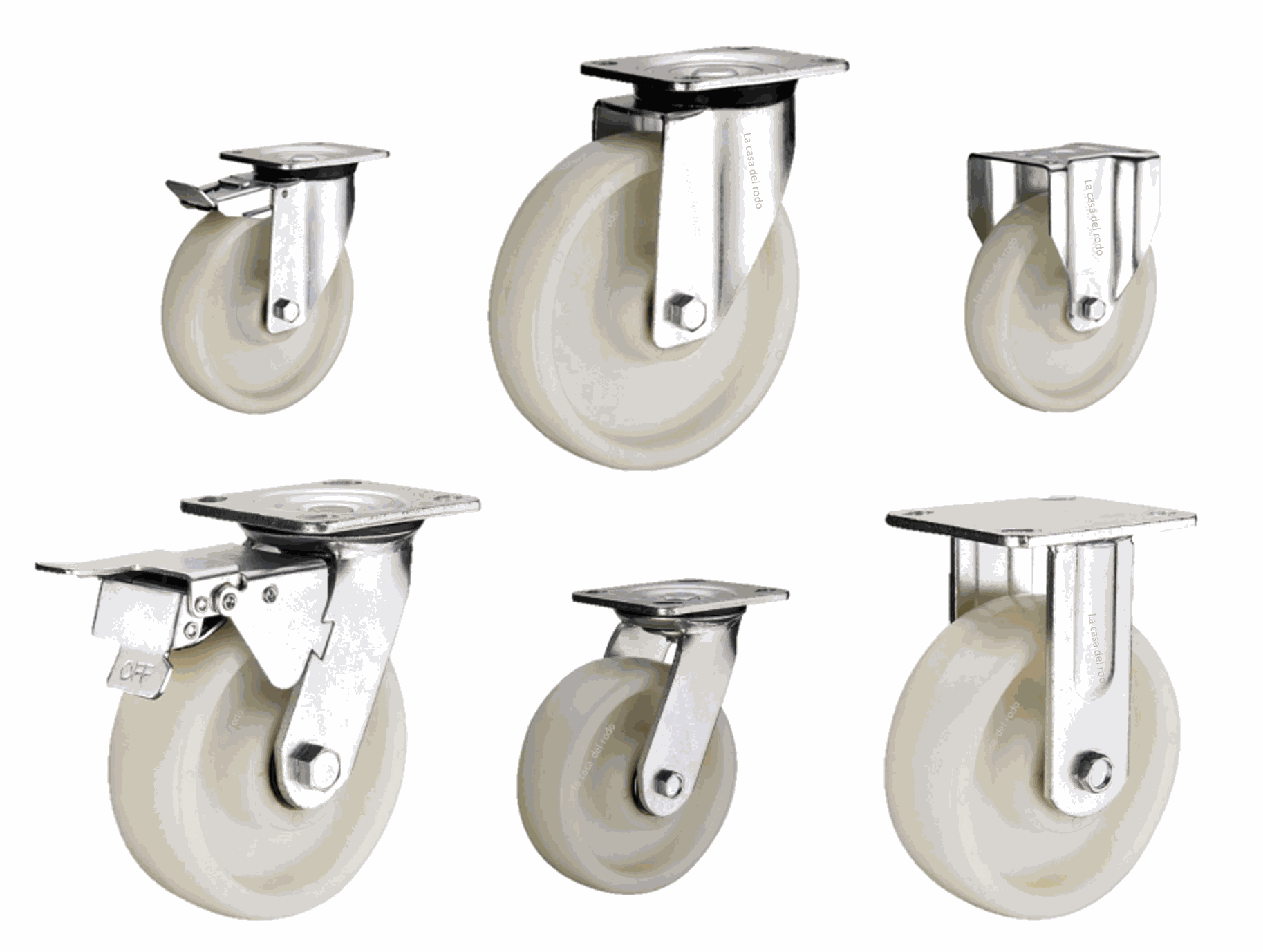Seis ruedas giratorias de diferentes tamaños y tipos de montaje, todas con ruedas blancas y soportes metálicos.