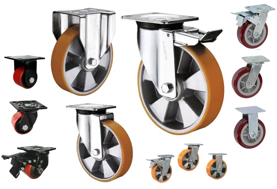 Varias ruedas industriales, algunas con freno, en color plata, rojo y naranja.
