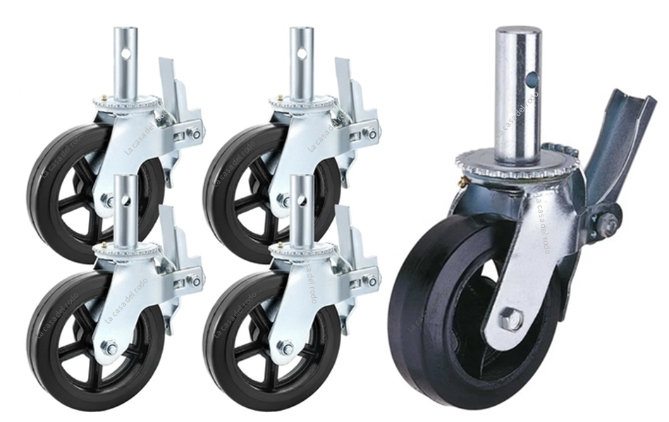 Cuatro ruedas giratorias para andamios con ruedas negras y marcos metálicos plateados.