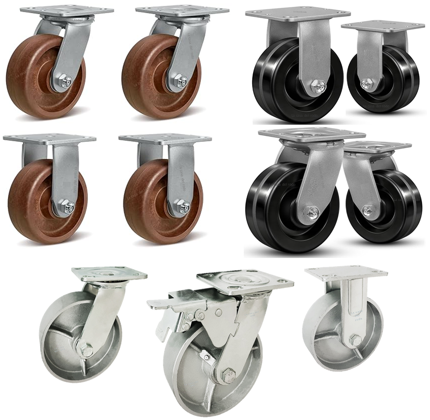 Colección de ruedas industriales giratorias en varios colores y diseños.