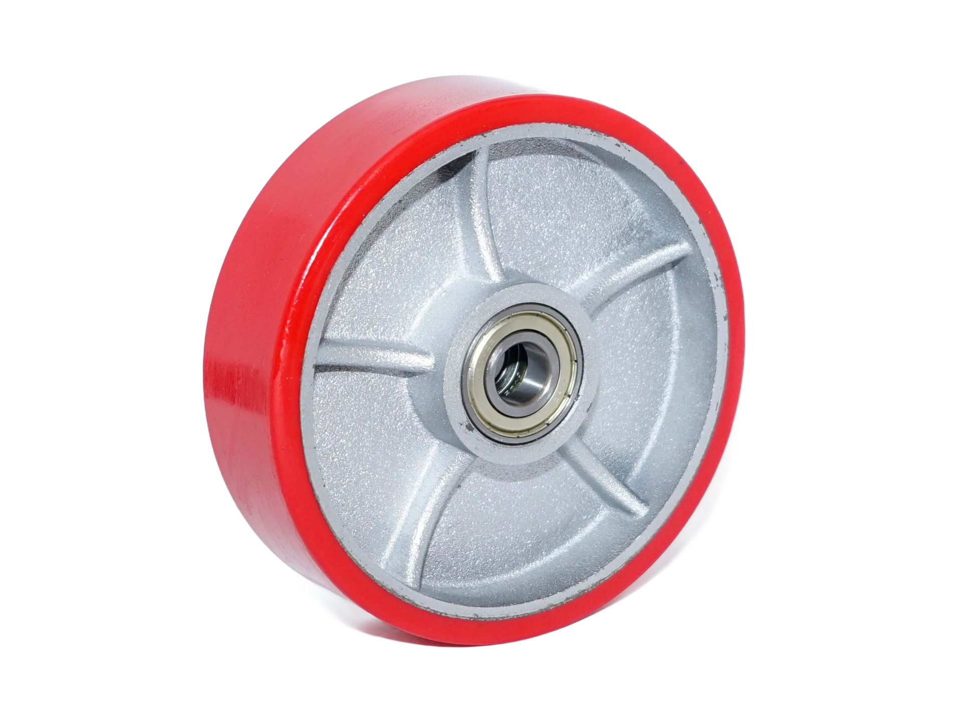 Surtido de ruedas industriales en diversos tamaños, formas y colores, incluyendo rojo, amarillo y blanco.