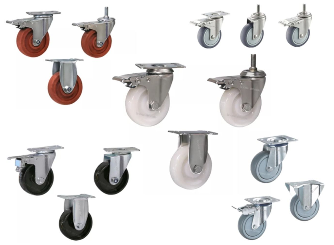 Surtido de ruedas giratorias en varios colores: rojo, gris, blanco y negro.