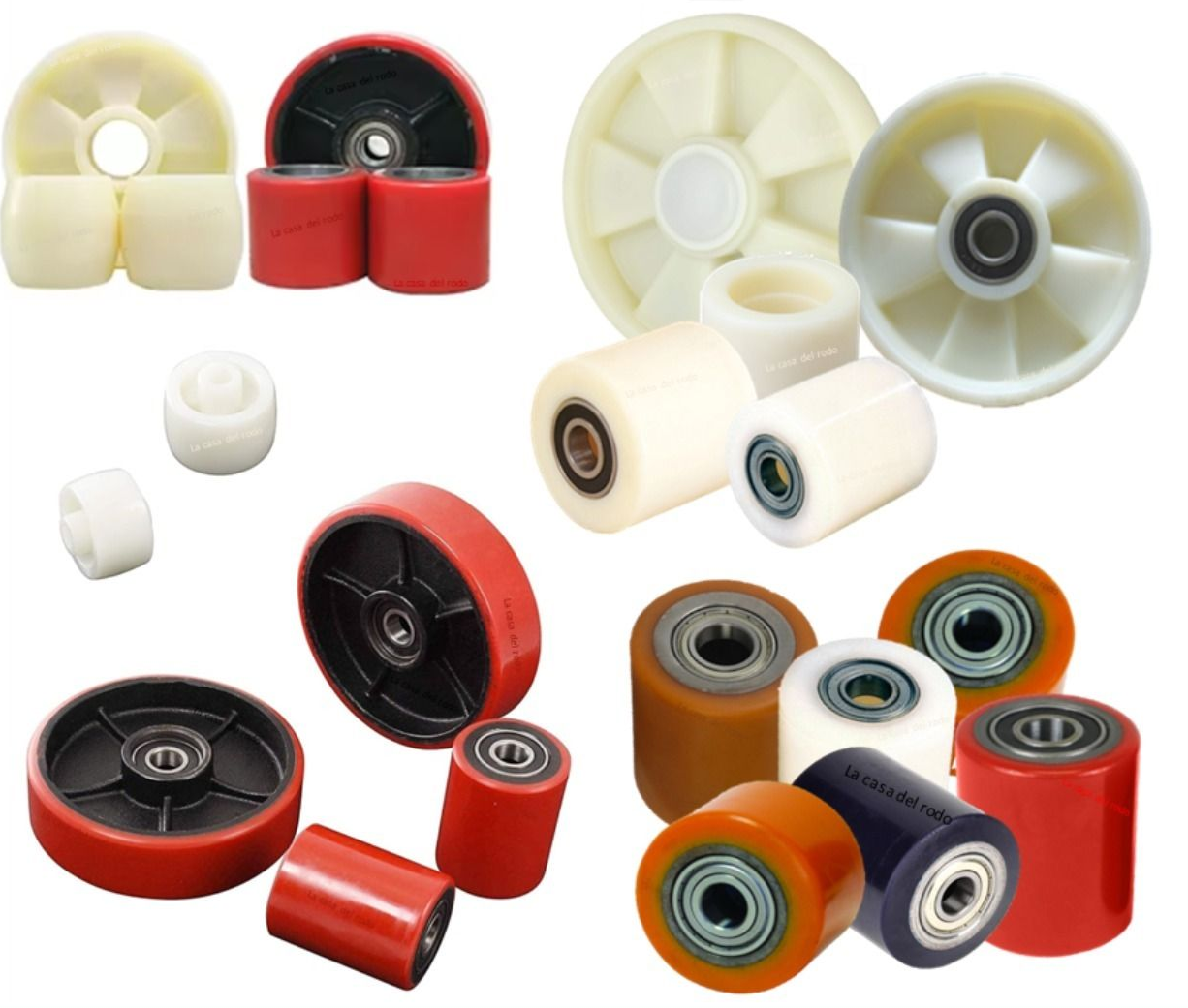 Surtido de ruedas giratorias en varios tamaños, colores (rojo, blanco, marrón) y materiales.