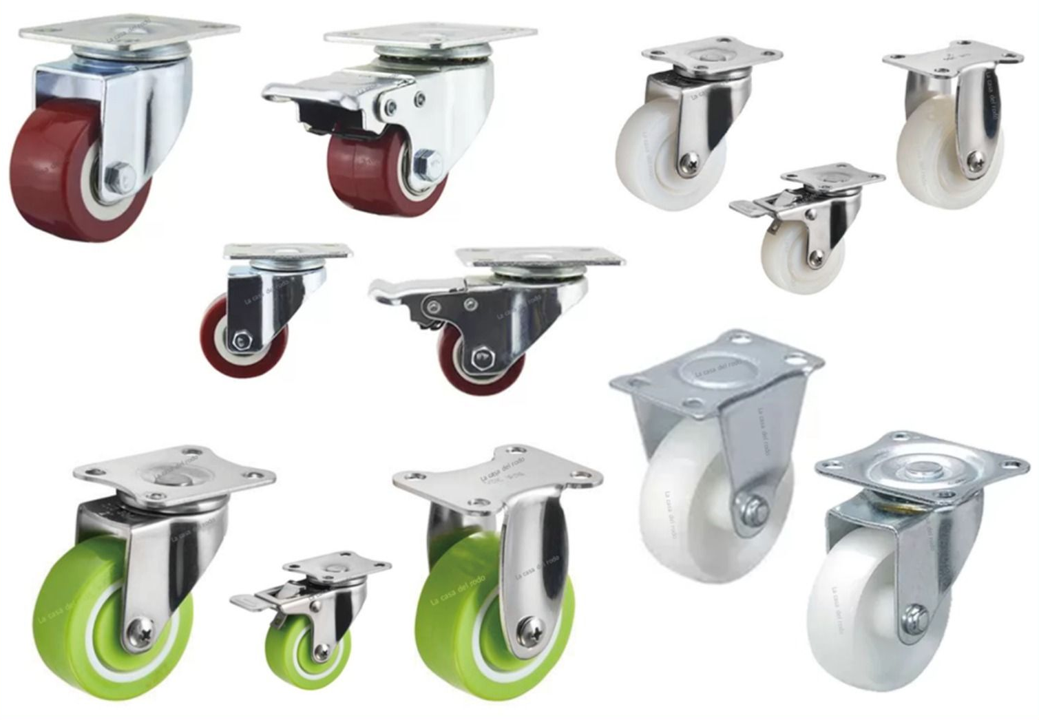 Surtido de ruedas giratorias en varios tamaños y colores, incluyendo rojo, verde y blanco.