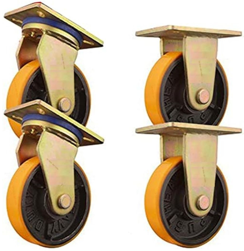 Cuatro ruedas metálicas giratorias con llantas amarillas y negras.