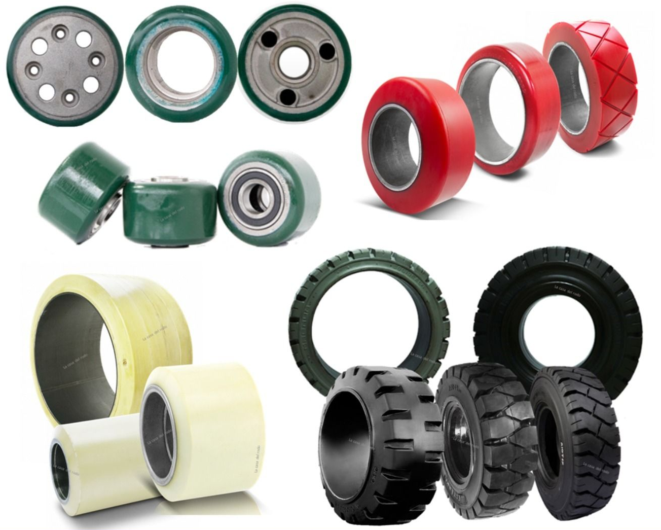 Surtido de ruedas y neumáticos para montacargas en diversos tamaños, colores y diseños de banda de rodadura.
