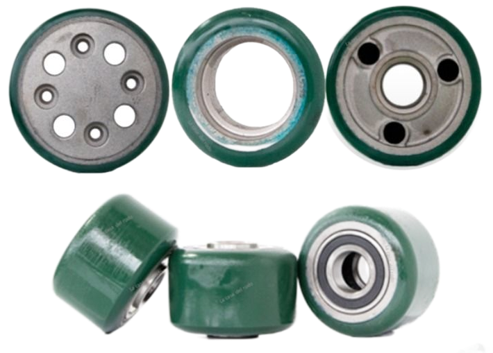 Varias ruedas industriales en diferentes colores y materiales.