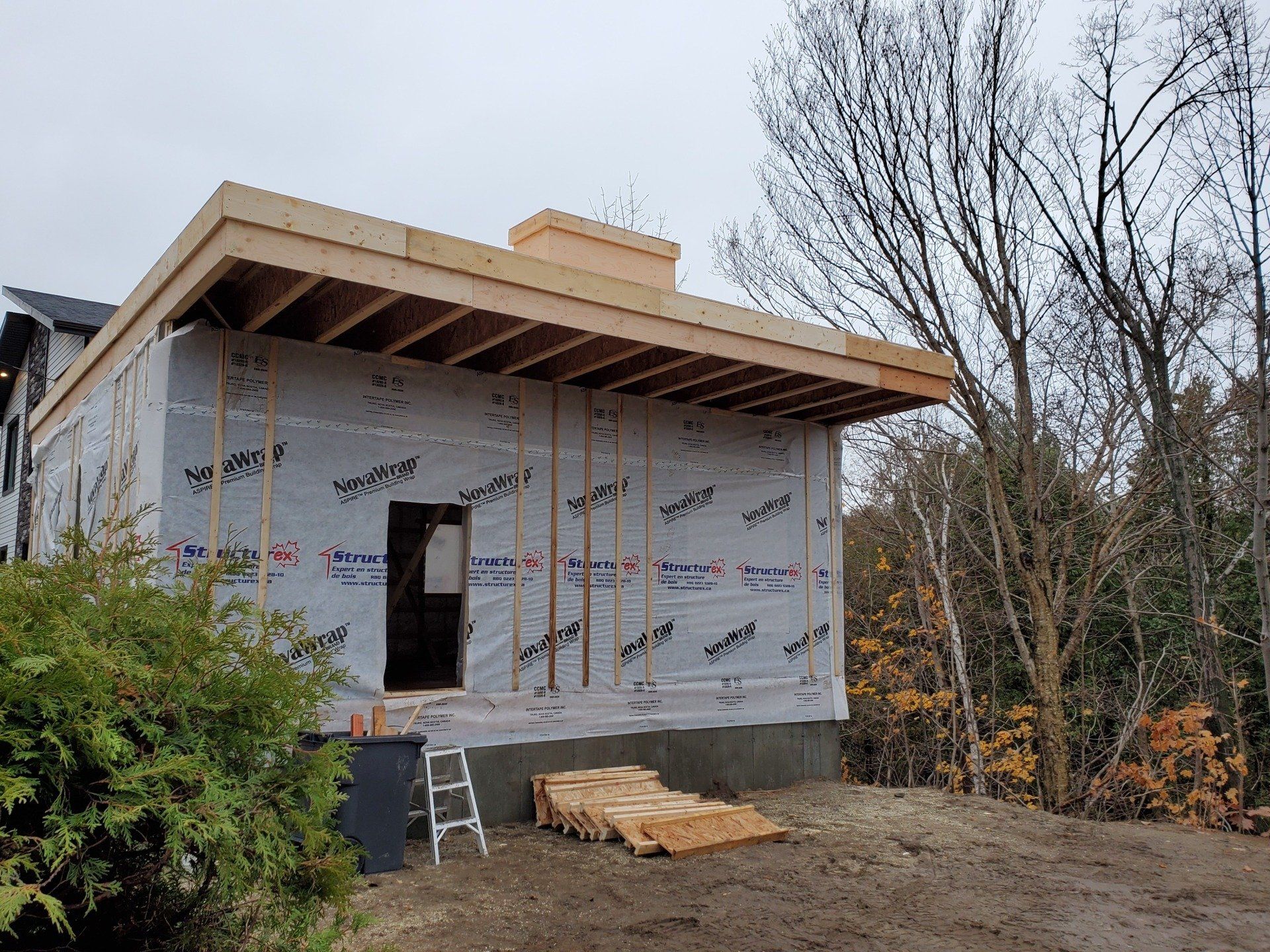 Une petite maison est en construction au milieu d'une forêt.