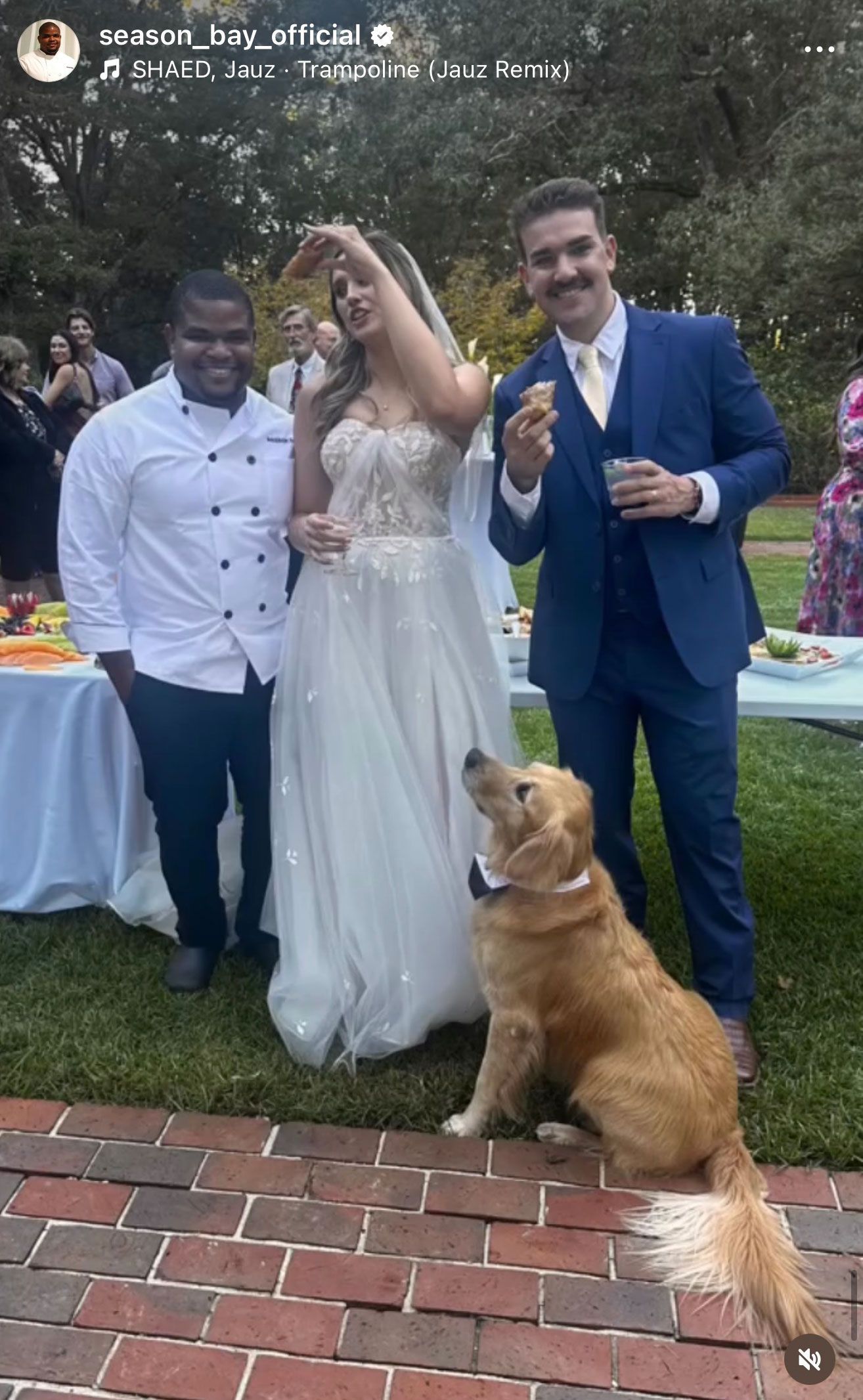 Wedding group: bride, groom, chef, dog. Bride and groom hold food; dog looks up. Outdoor setting.