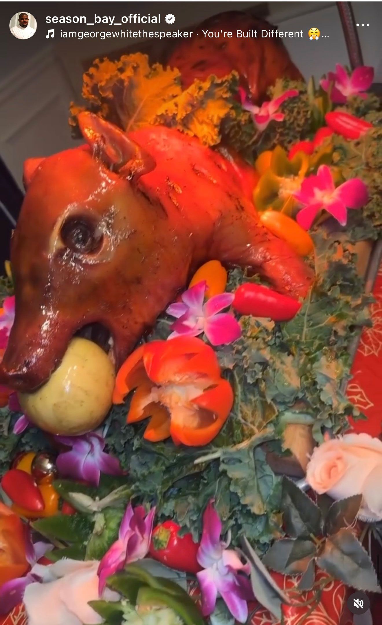 Roasted pig head, holding an apple, surrounded by flowers and vegetables.