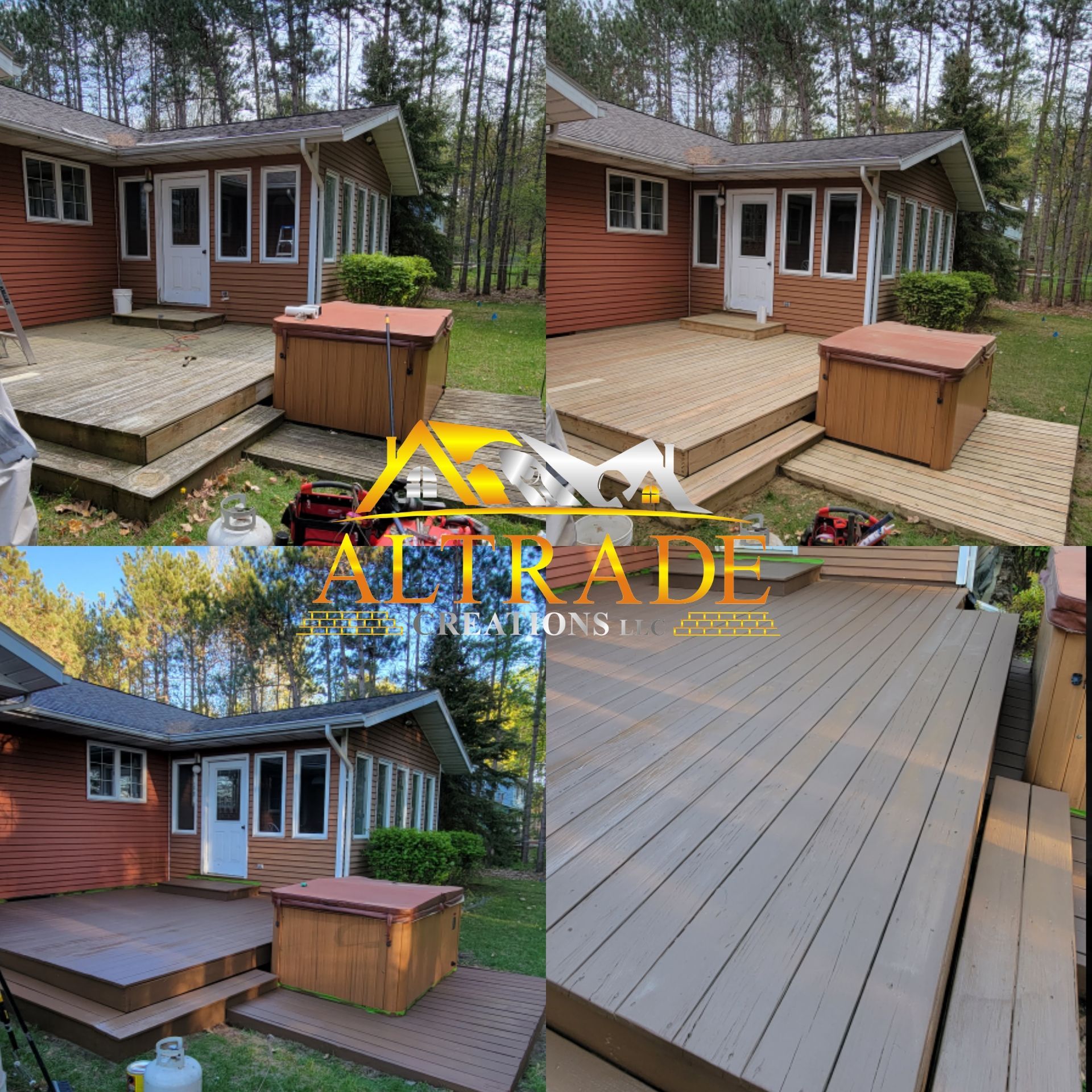 A before and after of a deck refinish and stain in Mt Pleasant, MI, by Altrade Creations