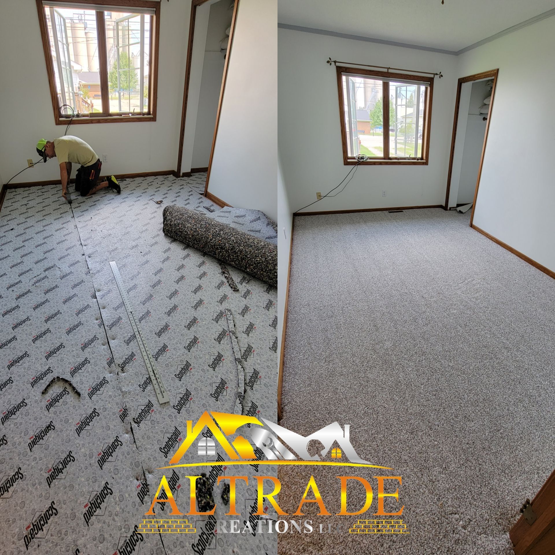 A during and after of a flooring installation in Mt Pleasant, MI, by Altrade Creations hard at work