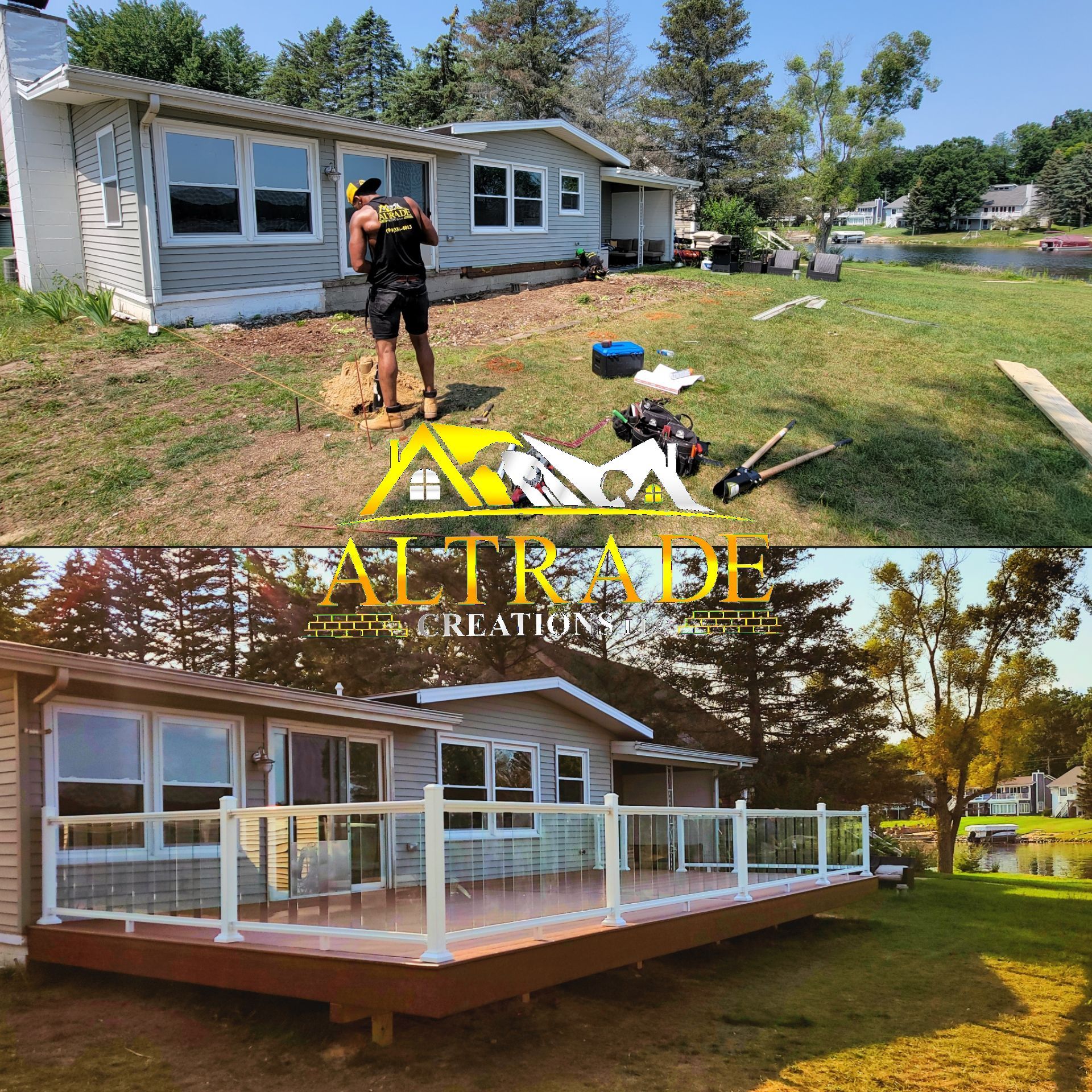 A before and after of a custom deck in Mt Pleasant, MI, by Altrade Creations