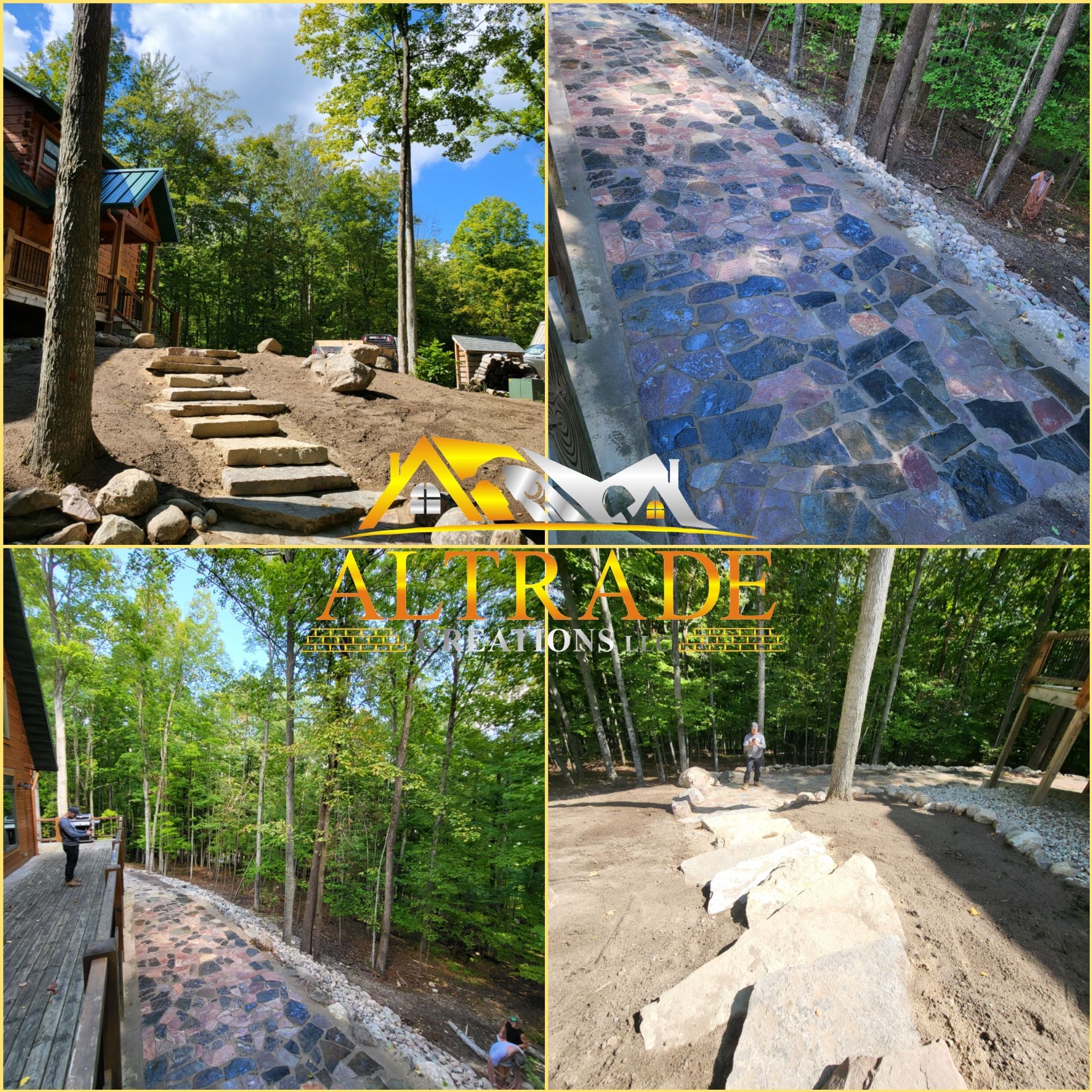 A start to finish collage of an outdoor stone walkway in Mt Pleasant, MI, by Altrade Creations