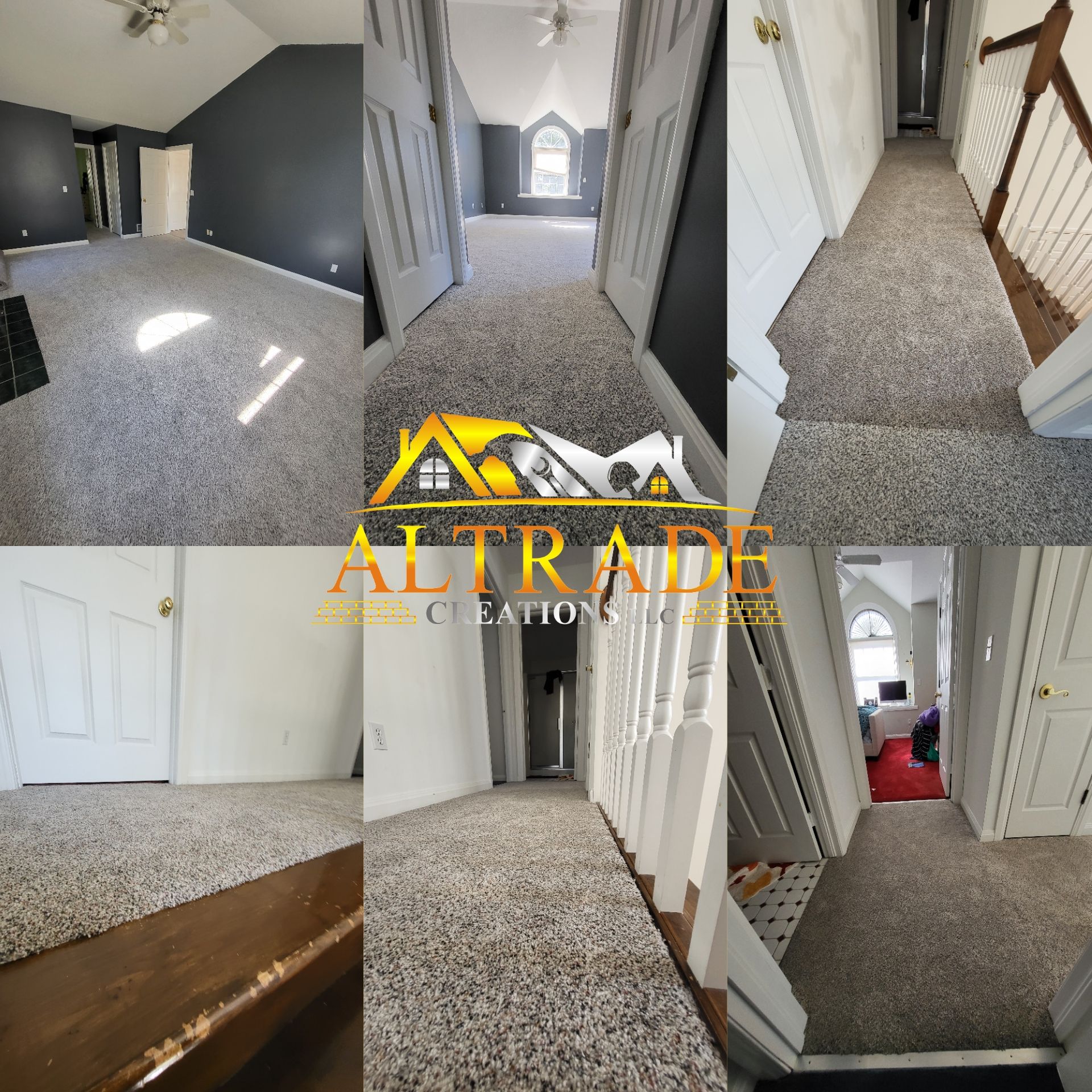 A start to finish collage of a carpet installation in Mt Pleasant, MI, by Altrade Creations