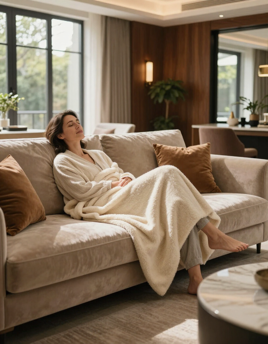 Person laughing on a beige sofa in a modern living room with warm wood accents.