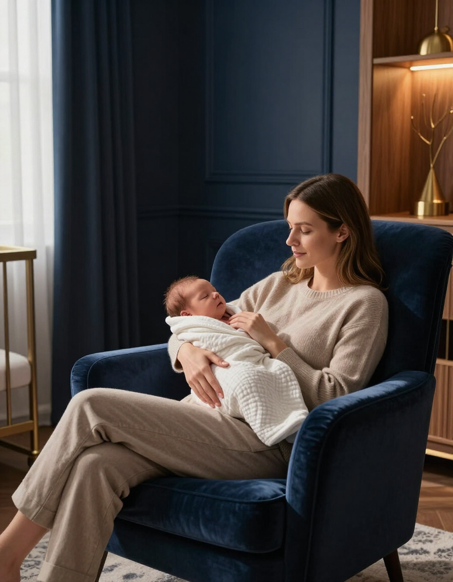 Woman holding a baby in a blue armchair in a softly lit living room