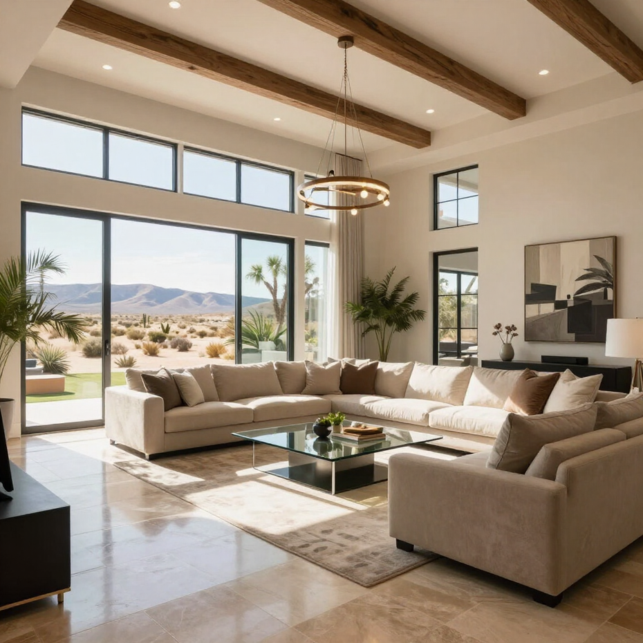 Bright modern living room with beige sectional, wood beams, large windows, and desert view