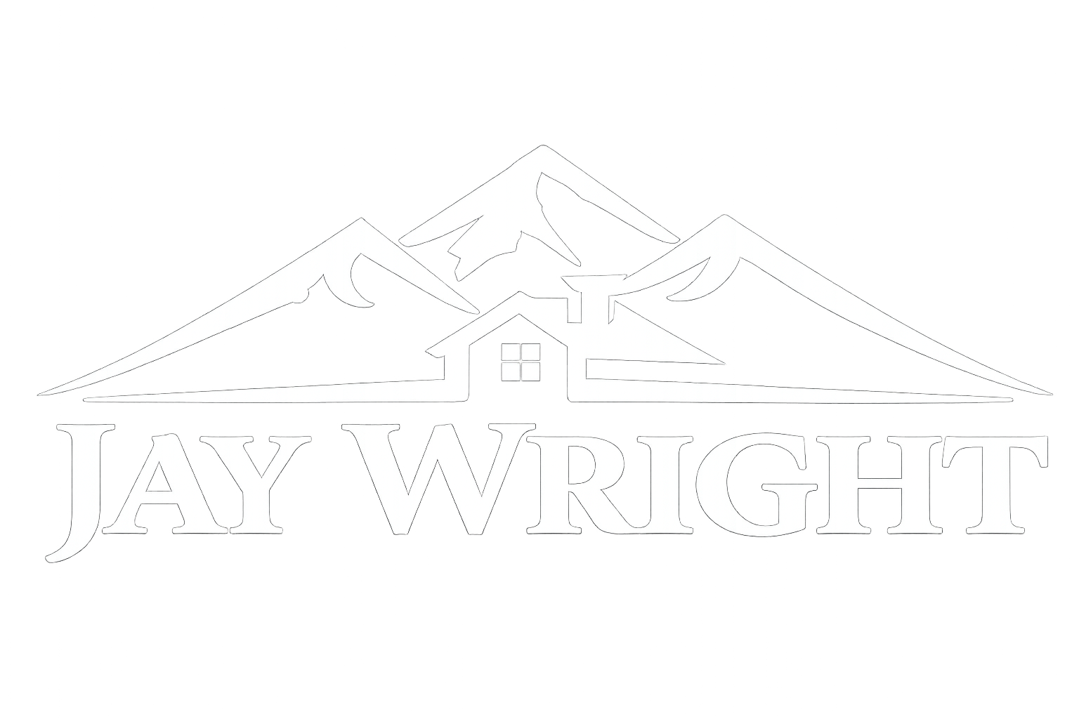 A white logo featuring mountain peaks behind a house outline above the text "JAY WRIGHT".
