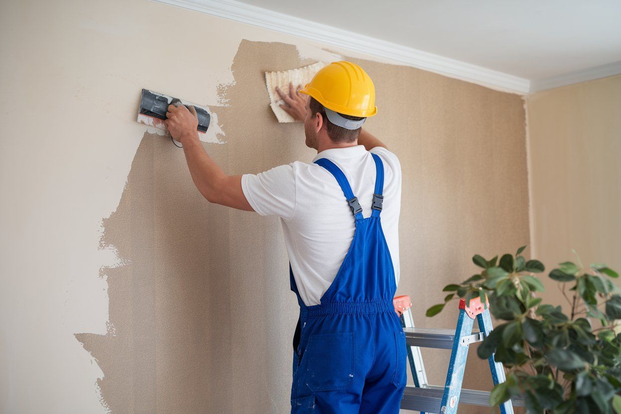 A man is standing on a ladder painting a wall.
