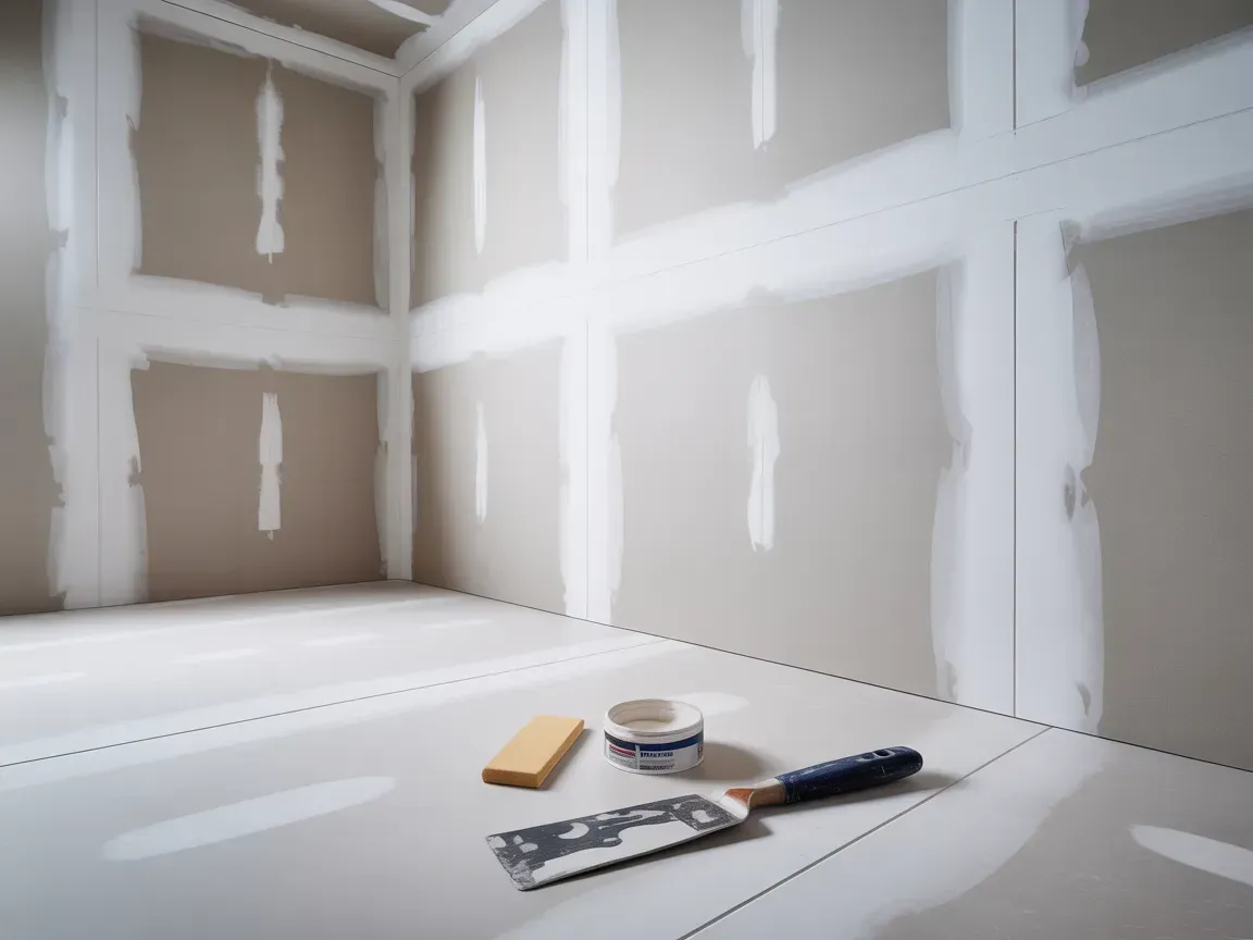 Interior with drywall installed, mudded seams, tools: putty knife, sponge, compound, and tape.