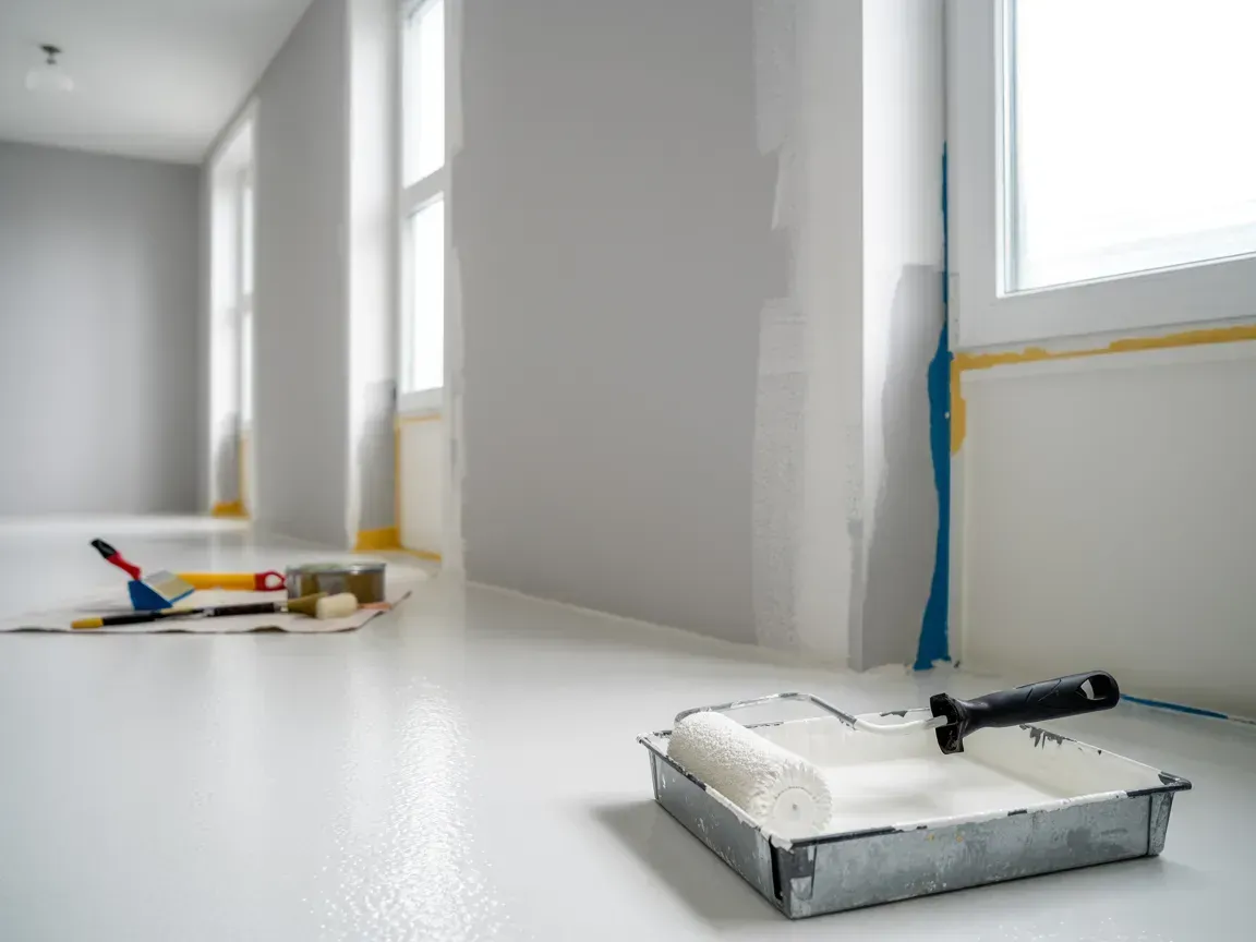 Room interior being painted; white walls, roller, tray, and painting supplies on the floor.