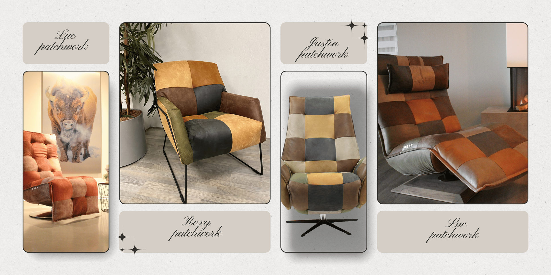 Een kleurrijke collectie fauteuils met patchworkbekleding, die stoffen en patronen combineren tot een eclectische uitstraling