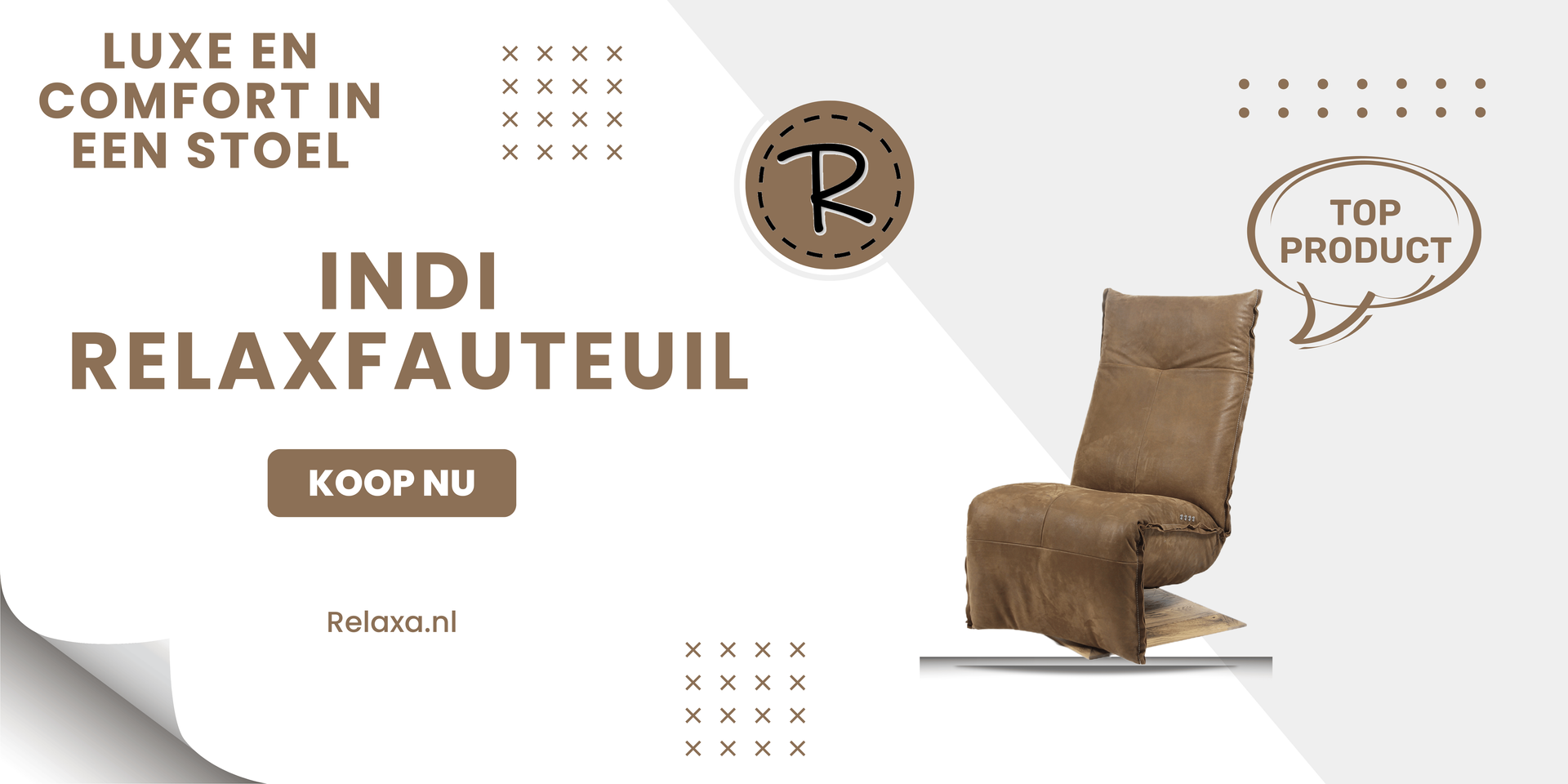 Een flyer van Indi Relaxfauteuil, als top product, met kenmerken zoals ergonomisch ontwerp, maatwerkopties en luxe bekleding.