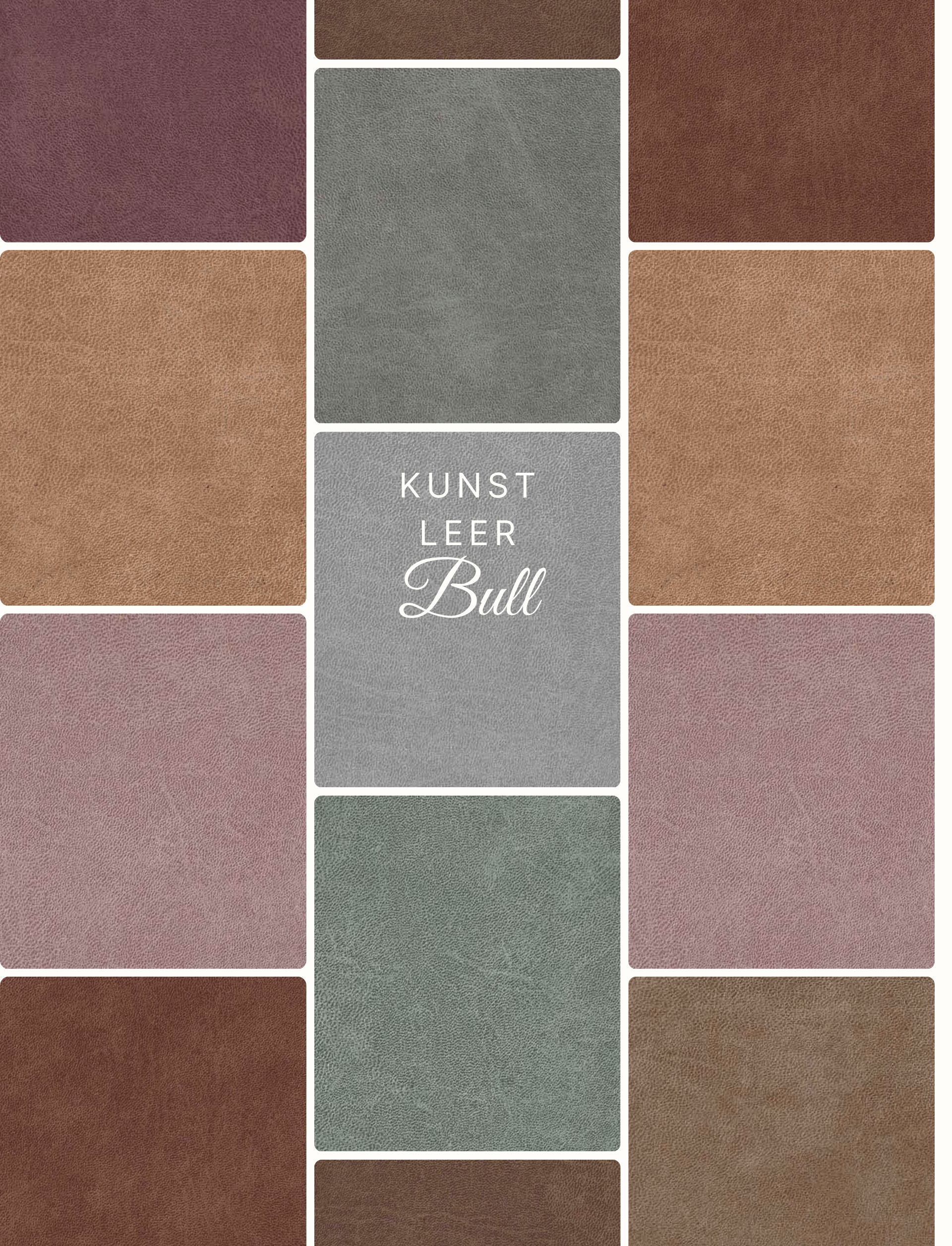 Fotocollage van Kunstleer Bull in diverse kleuren en texturen, met close-ups die de leerachtige uitstraling en kwaliteit van het materiaal benadrukken.