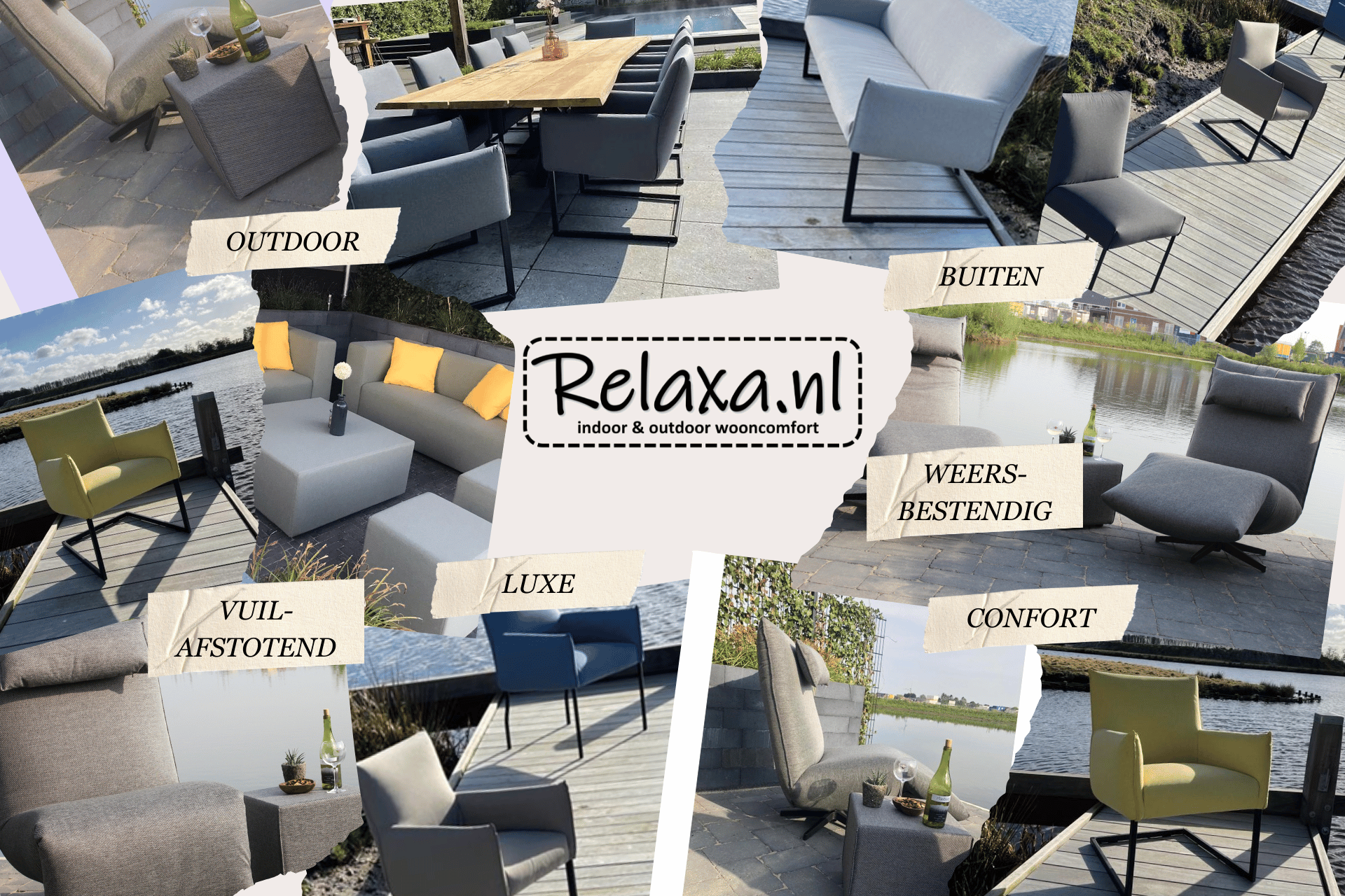 Fotocollage van meubels met outdoor stoffering, inclusief kleurrijke tuinsets en loungesets, die de weerbestendige materialen en stijlvolle ontwerpen laten zien, ideaal voor een comfortabele buitenomgeving.