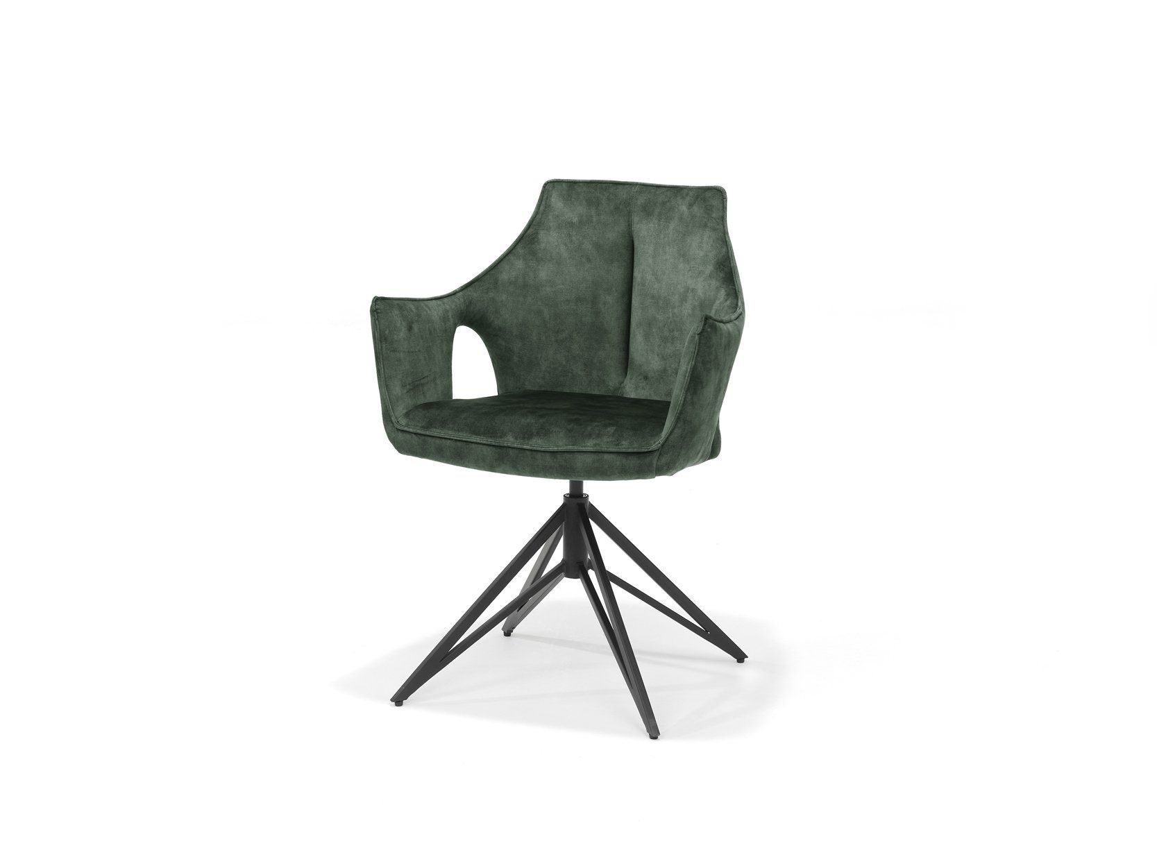 Sylvia eetkamerstoel in groen met draaifunctie, gestoffeerde zitting en rugleuning voor comfort, op een modern onderstel.