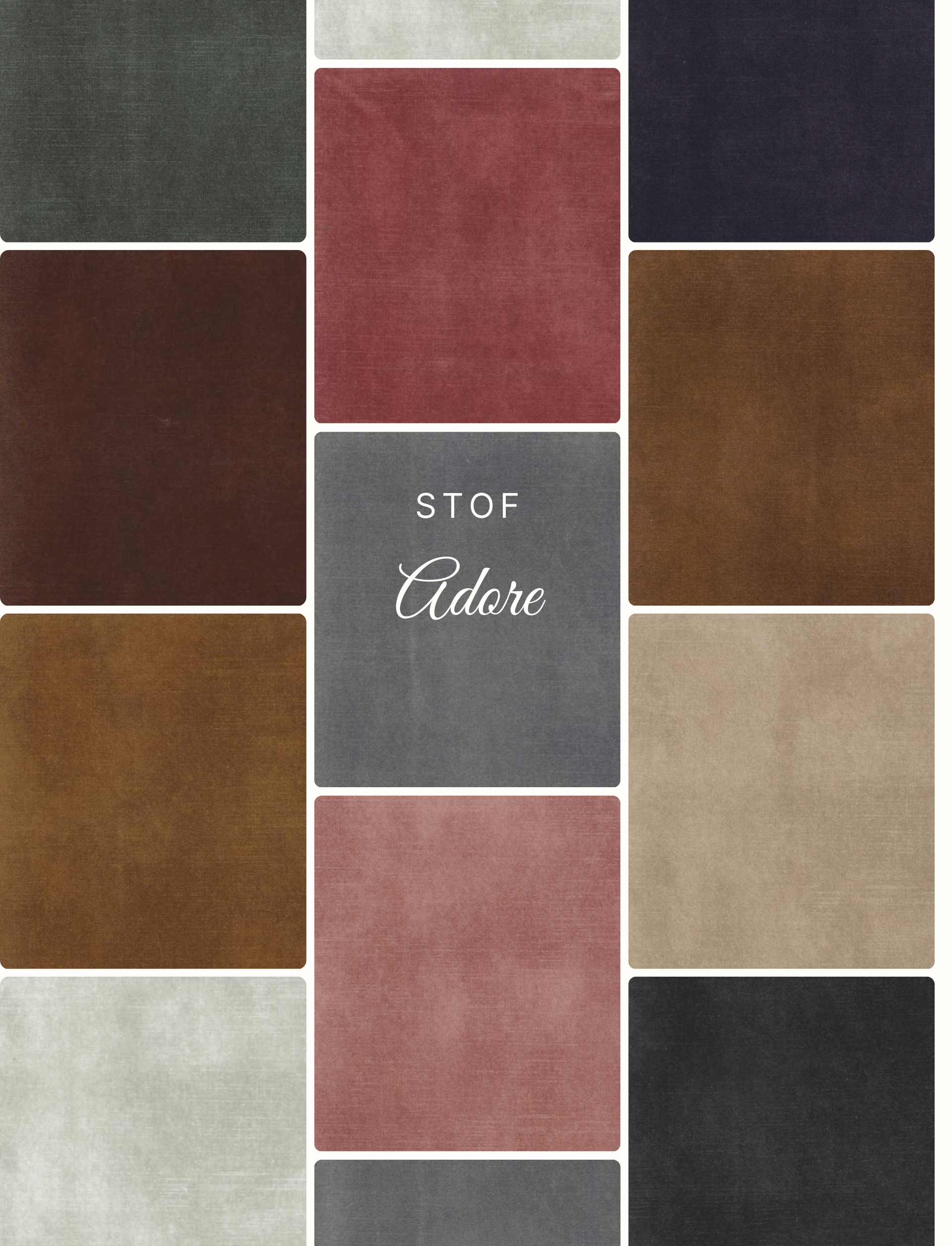 Fotocollage van Adore stof in verschillende kleuren en patronen, met close-ups die de luxe uitstraling en de zachte textuur van het hoogwaardige materiaal benadrukken.