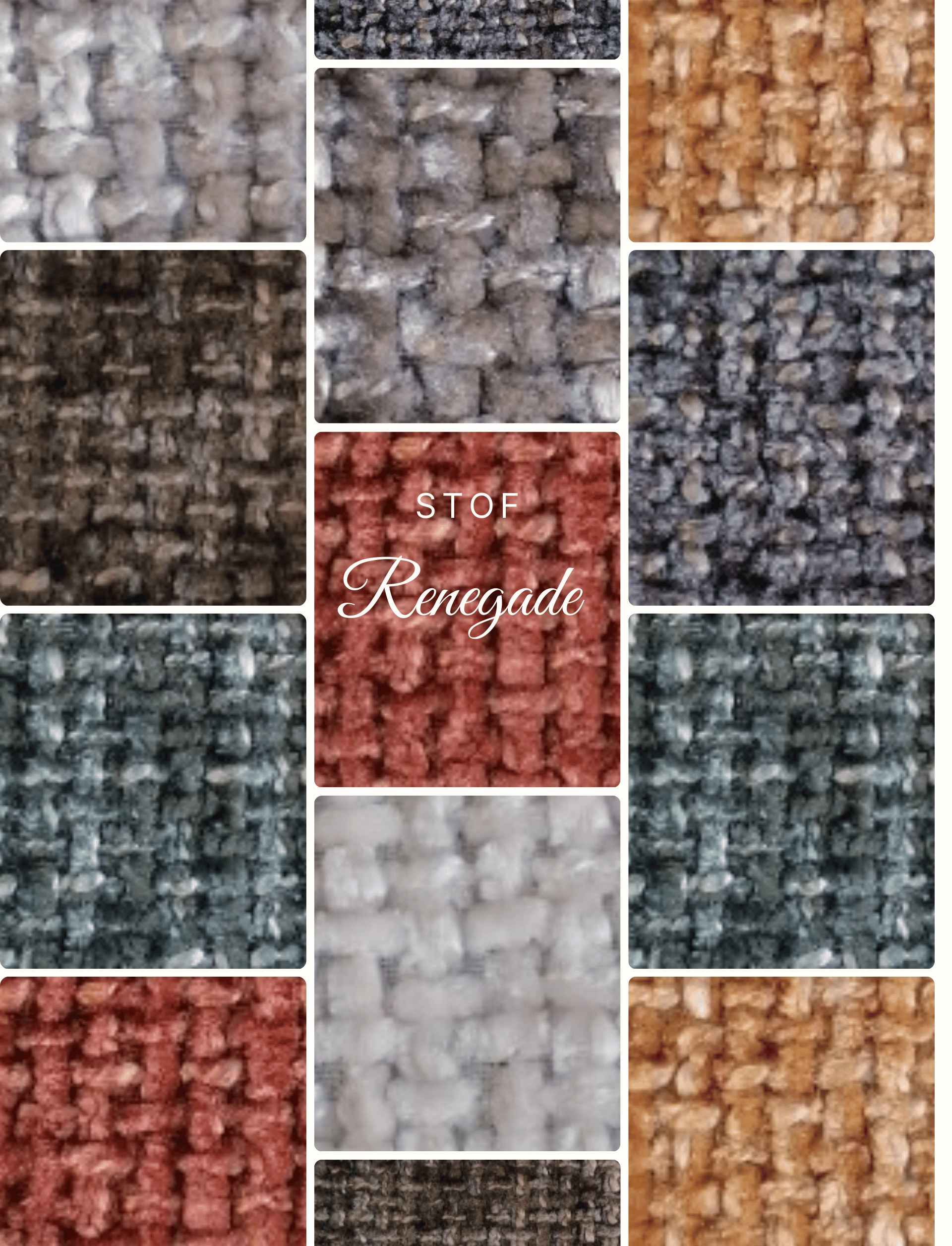 Fotocollage van stof Renegade in diverse kleuren en texturen, met close-ups die de robuuste uitstraling en de duurzame kwaliteit van het materiaal benadrukken, ideaal voor eigentijdse meubels.