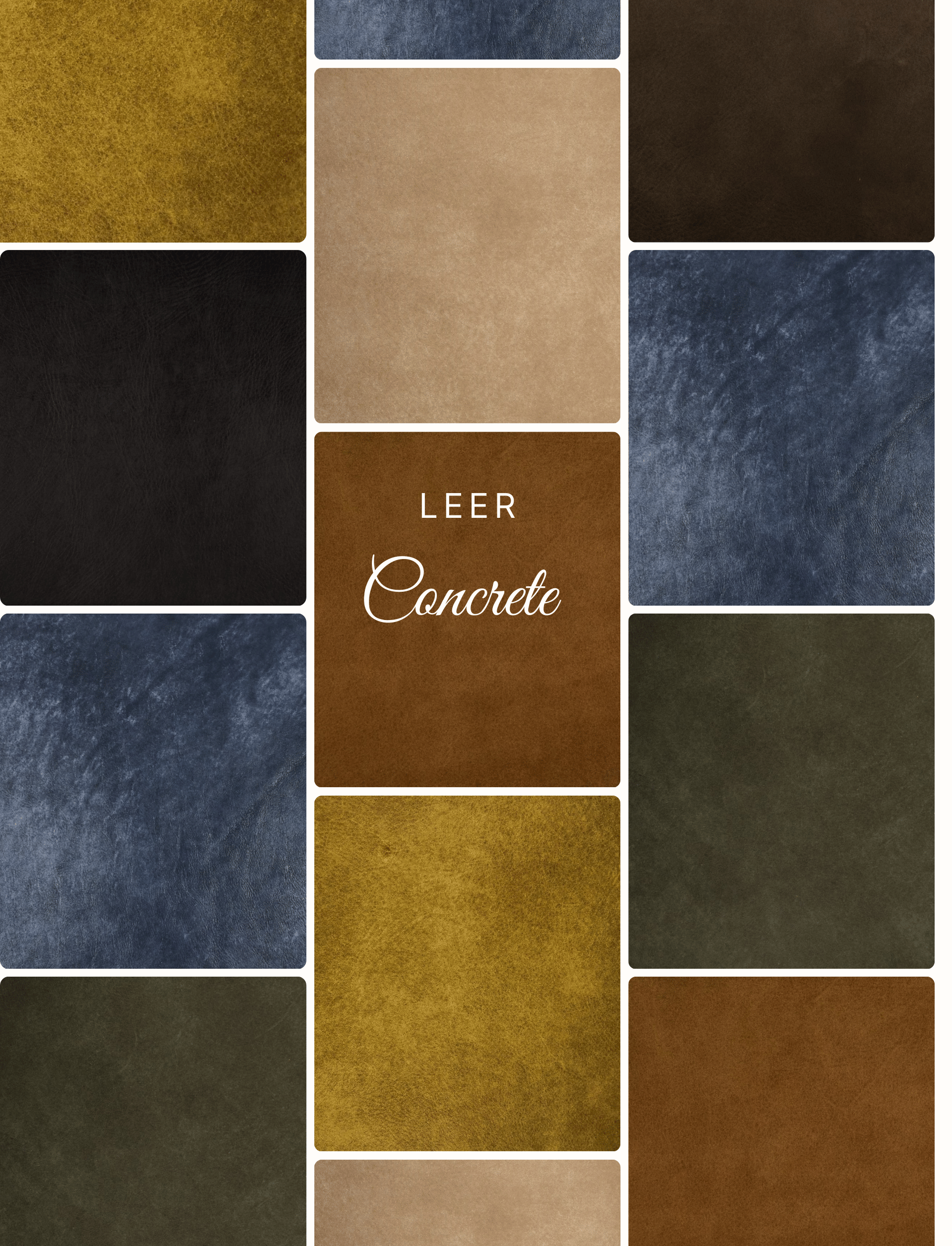 Fotocollage van Concrete leer in verschillende kleuren en texturen, met close-ups die de stoere, industriële uitstraling en het kwaliteitsgevoel van dit moderne leermateriaal laten zien.